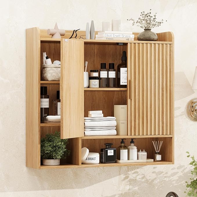 Vabches Fluted Bathroom Wall Cabinet, Wooden Medicine Cabinet Organizer with 2 Doors and Adjustable Shelf, Over The Toilet Storage Cabinet for Laundry Room and Living Room