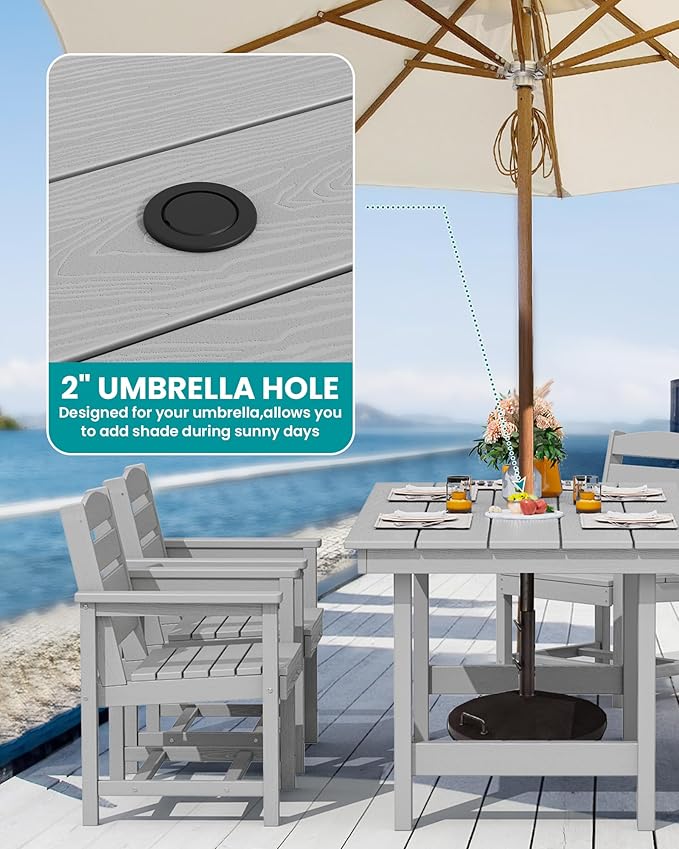 SERWALL 8-Piece Patio Dining Sets with 15FT Double Side Patio Umbrella, Outdoor HDPE Dining Furniture Set with Umbrella Hole Cut-Out Table and 6 Chairs, Light Gray（Umbreall Base not Included）