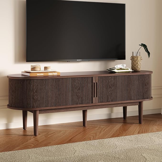 LINSY HOME 58" Fluted TV Stand for TVs up to 65 Inch, Mid Century Modern Entertainment Center with Storage Cabinet and Sliding Doors, Farmhouse Wood Media TV Console for Living Room, Bedroom, Walnut