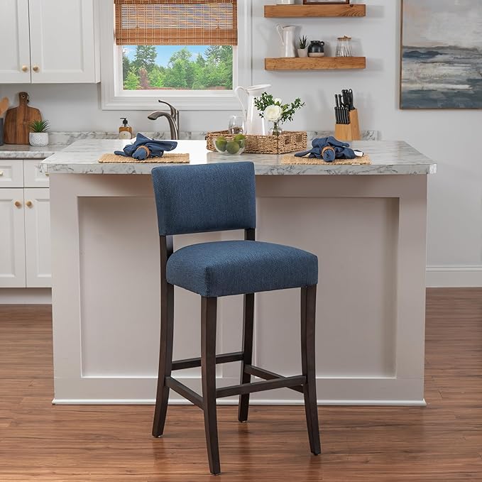 Linon Boone Blue and Brown Fully Assembled 30 Inch Seat Height Barstool Set of 2 with Extra Padded Seat