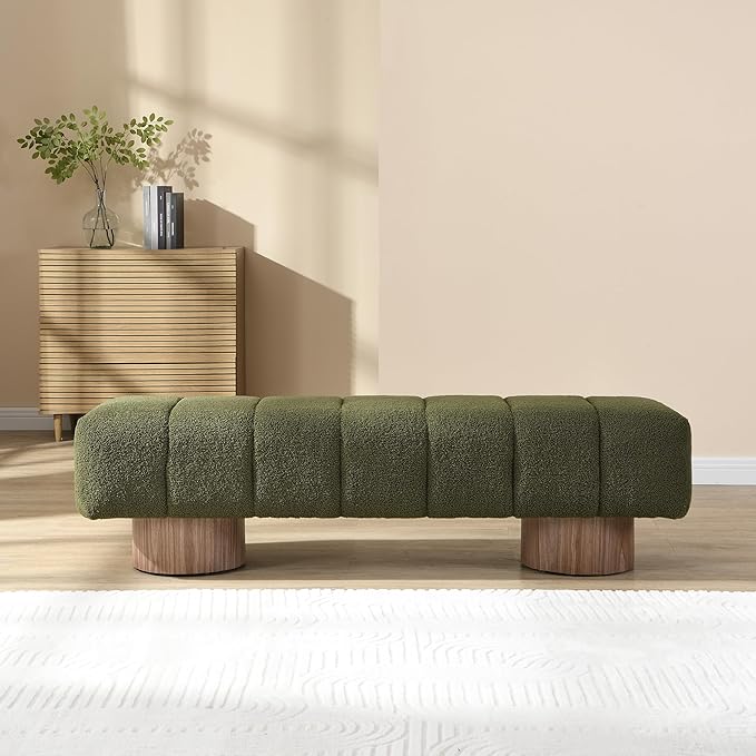 Christopher Knight Home Manila 64" Boucle Dining Bench, Upholstered Ottoman Bench, Rectangular Dining Seat, Spacious Seating, Long Footstool for Living Room Dining Room, No Assembly Needed, Green