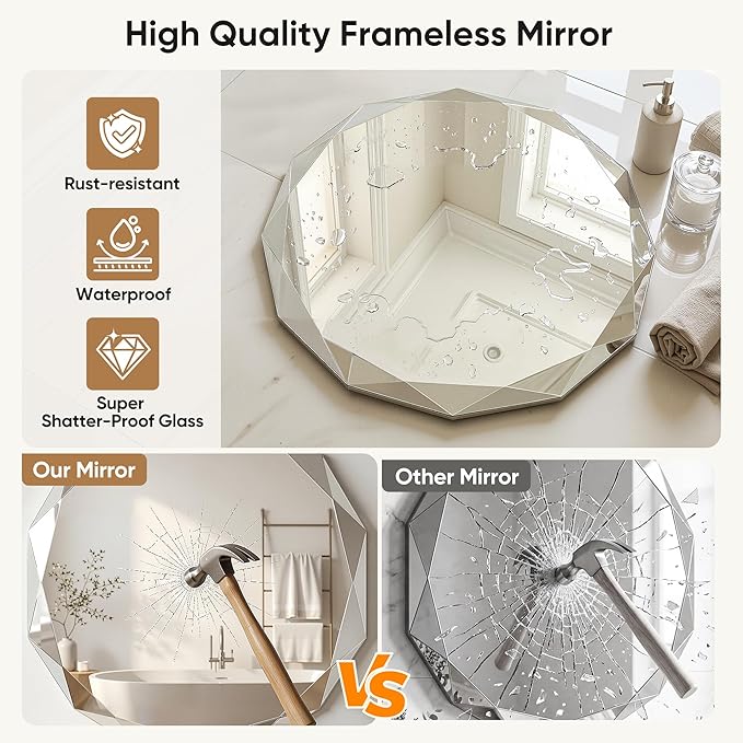 Suidia Bathroom Mirror, 20"x 20" Wall Mirror, Frameless Bathroom Mirror with Beveled Edge for Bedroom, Living Room, Entryway, Hallway, Round Shape