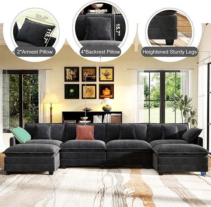 146" Cloud Couch Sectional, U Shaped Modular Sectional Sofa, 4-Seat Deep Seat Couch with 6 Removable Washable Pillows and 2 Ottoman for Living Room, Bedroom, Apartment, Black