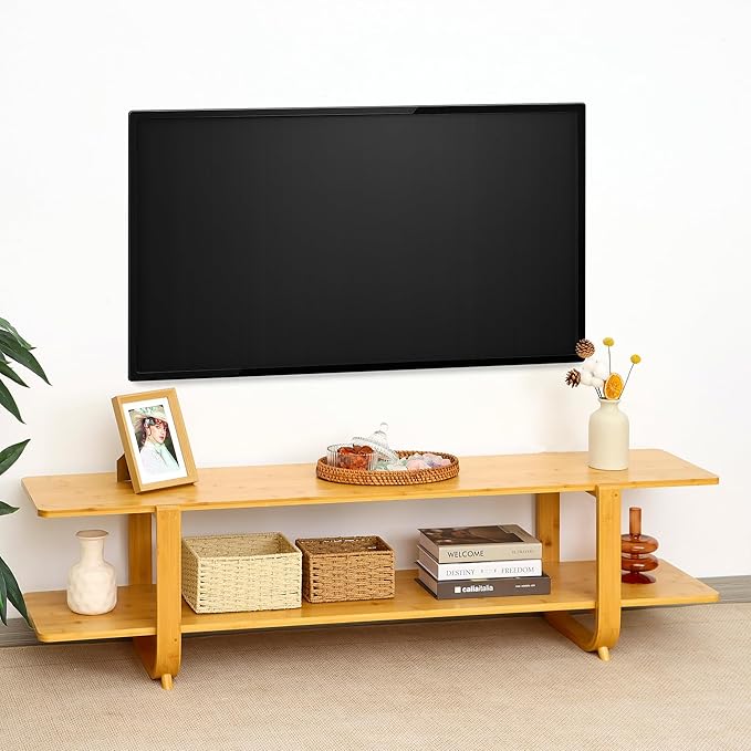 Bamboo TV Stand for TVs up to 65", Accent Entertainment Center with Storage, Media Console Table with Shelf, Modern TV Stand for Living Room, Bedroom, 55"(L), Burlywood