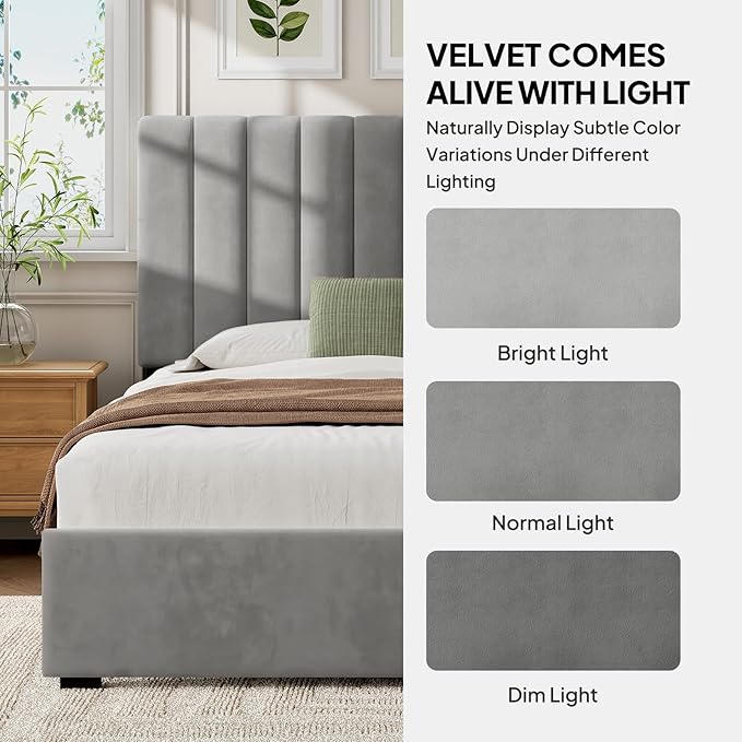 Welzona Kids Twin Upholstered Bed Frame with Headboard, Velvet Upholstered Metal Platform Bed Frame with Vertical Tufted Headboard, 3-Level Height, Metal Slat Support, Noise-Free Easy Assembly, Grey