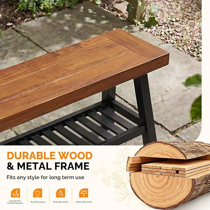 VINGLI 63in Storage Bench, Solid Wood Seat with Iron Storage Shelf, Weather Resistant High Capacity Indoor Outdoor Dining Benches, Sturdy Shoe Rack Bench for Entryway Mudroom Porch