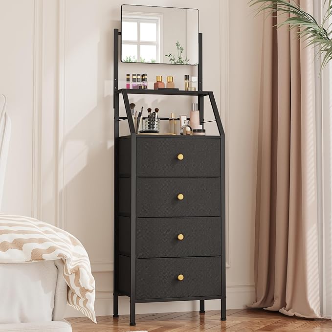 HIGDBFE 4-Drawer Dresser with Mirror, Vanity with 2-Tier Shelves, Fabric Chest of Drawers for Small Space, Vertical Storage Cabinet for Bedroom, Nightstand Bedside Table Furniture, Black, 15.3" W