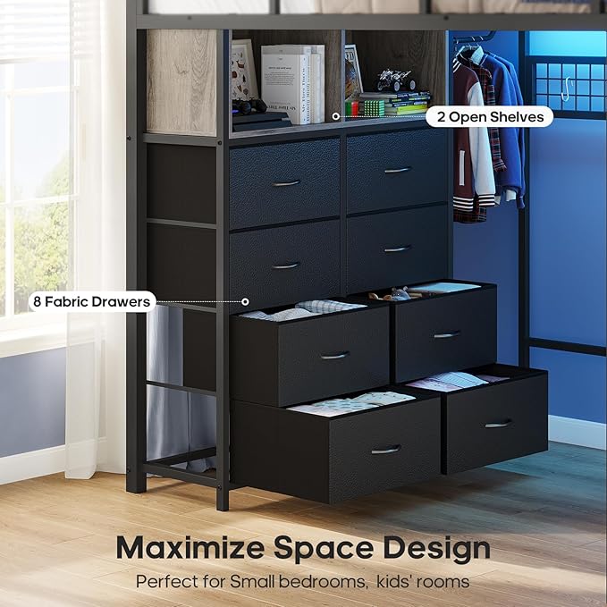 ADORNEVE Loft Bed Full Size with Desk and 8 Storage Drawers, LED Metal Loft Bed with Power Outlet, 2 Shelves & Clothing Rack, Bed with Safety Guardrail & Ladder,Space-Saving, Grey