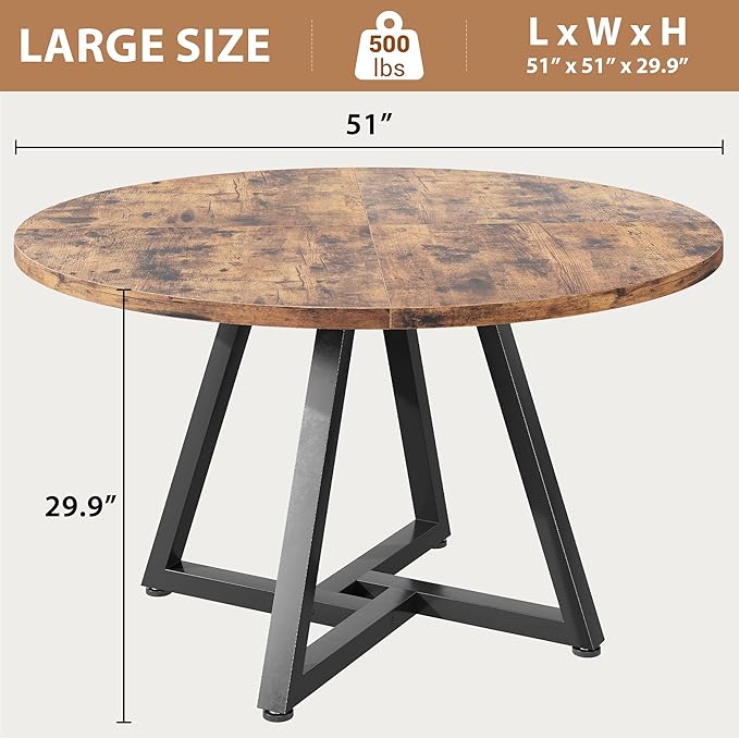Jocoevol 51" Round Dining Table Kitchen Dining Room Circle Dinner Pedestal Table for 4 6 8, Space Saving Wood Kitchen & Dining Room Furniture (Rustic Brwon)