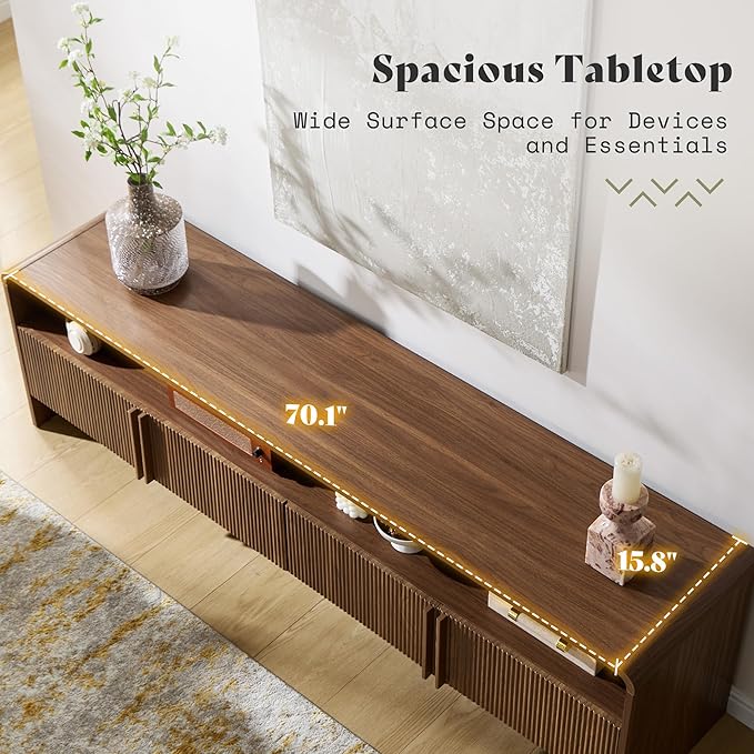 AMERLIFE 70" Fluted Wood TV Stand for TVs up to 80", Media Console Entertainment Center with Storage Cabinets for Living Room, Brown