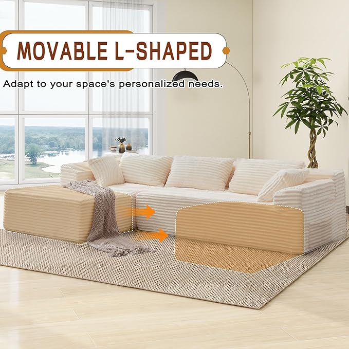 Korser 110" L-Shaped Modular Sectional Sofa with Chaise, Boneless Comfy Corduroy Fluffy Couch with Deep Seat and Side Pockets, Flexible Module Combination for Living Room, No Assembly, Side Pockets