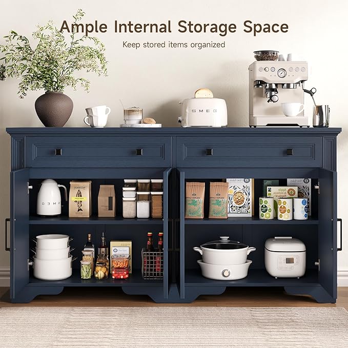 ONBRILL 63" Sideboard Buffet Cabinet, Kitchen Buffet Storage Cabinet, Large Credenza with Drawers & Doors, Wood Coffee Bar Console Wine Bar for Living Room Hallway Blue
