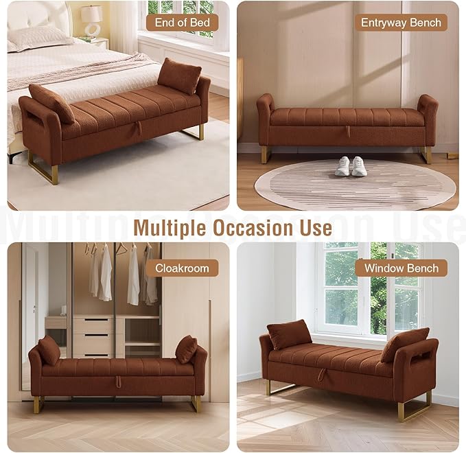 66'' Storage Bench for Bedroom End of Bed King Size, Bedroom Benches for Foot of Bed King, Teddy Brown Ottoman Bench with Storage with Armrest for Windows, Closet