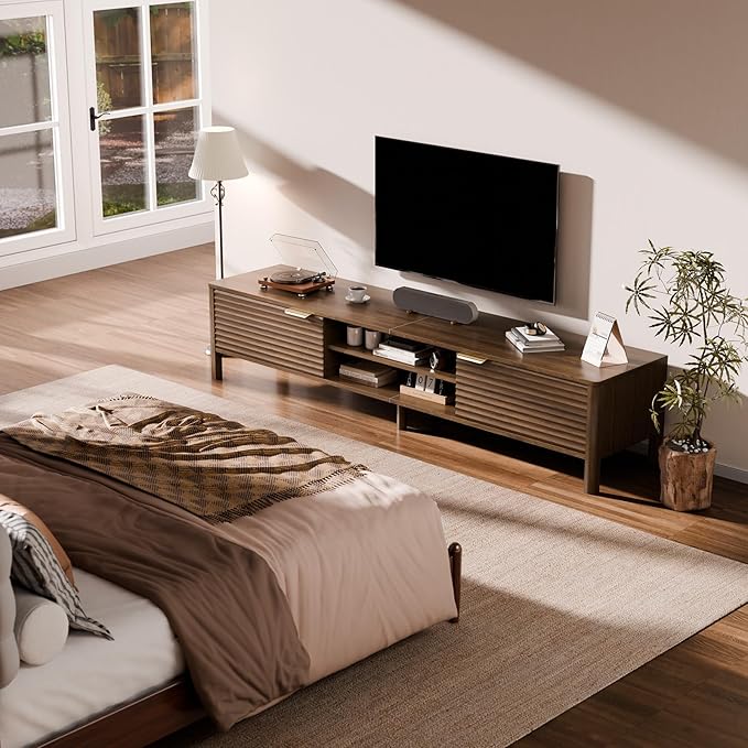 IKALIFE TV Stand for Living Room - up to 80 Inch TVs Mid Century Modern Entertainment Center with Storage and Adjustable Shelves, Media Console Table Walnut 70"