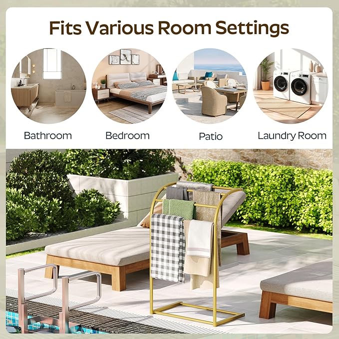 YATINEY Free Standing Towel Rack, 4-Tier Blanket Rack for Bathroom, Pool Towel Stand Display and Drying Rack, Modern Towel Blanket Storage Organizer, Gold CJ07GD
