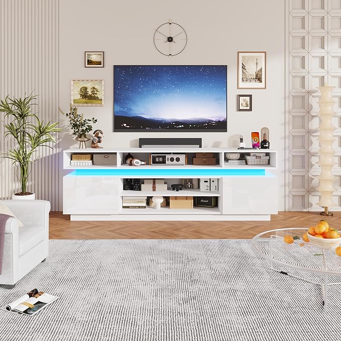 chartustriable LED TV Stand for 95 Inch TV, Modern Tall Entertainment Center with Power Outlets, High Gloss TV Stand, Gaming TV Media Console for Living Room, 83 Inch, White