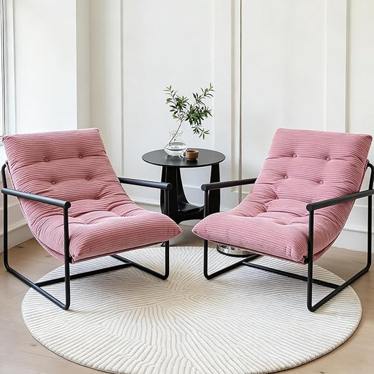 Modern Accent Chair Set of 2, Living Room Chair with Metal Frame,Upholstered Arm Chair with Soft Cushion for Bedroom Lounge Reading Room (Pink)