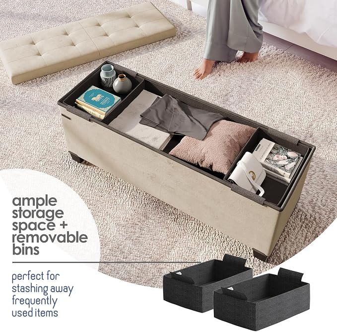 Storage Ottoman Bench with Bins, 43-in Storage Bench for Bedroom End of Bed, Folding Foot Rest Ottoman for Living Room Max 660lbs, Velvet Ottomans, Beige