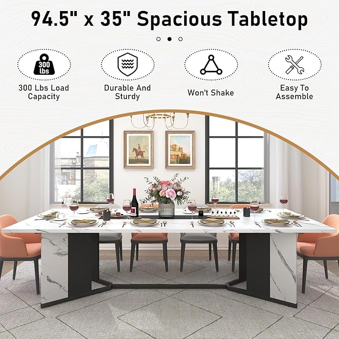 Hlivelood 94Inch Large Dining Table for 8 10 People,Wooden Rectangular Kitchen Table W/Waterproof Tabletop,Large Rectangle Furniture W/Adjustable Legs,White Dinner Table for Kitchen Dining Room(94IN)