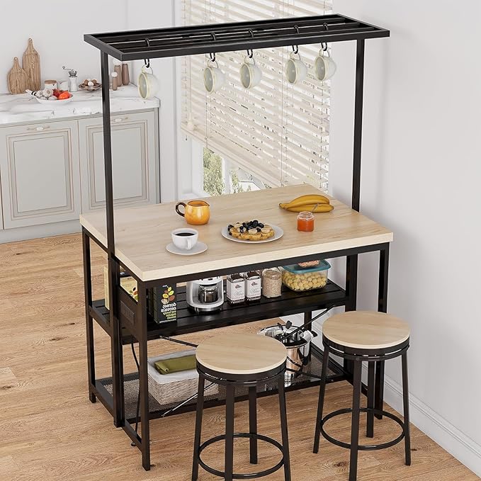 GarveeHome 47 in Versatile Kitchen Island with Storage – Durable Wood & Steel Design, Microwave Shelf, 3-Tier Open Shelves, 5 Hooks (47 in x28 in x72 in)