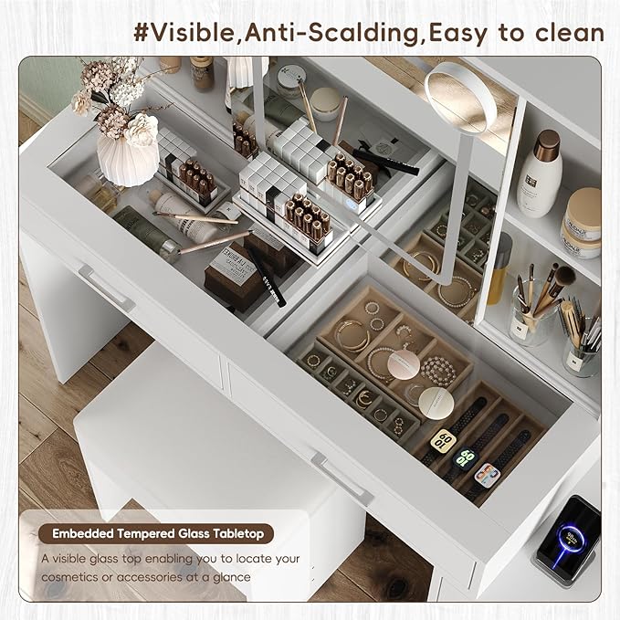 Yanosaku 51" Makeup Vanity with Sliding Mirror and Lights, Vanity with Charging Station, Vanity Desk with 5 Drawers, 2 Adjustable Shelves, Glass Top, Makeup Vanity Desk with Chair for Bedroom, White