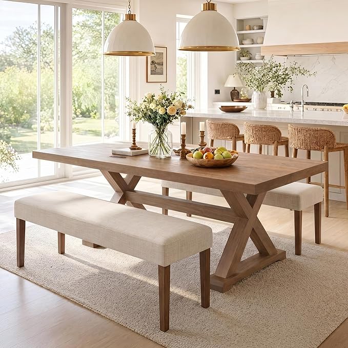 HNY Farmhouse Upholstered Dining Bench Seat Set of 2, 45" Linen Fabric Entryway Bench with Natural Wood Legs, Mid Century Modern End of Bed Bench for Kitchen Bedroom Living Room Hallway, Beige