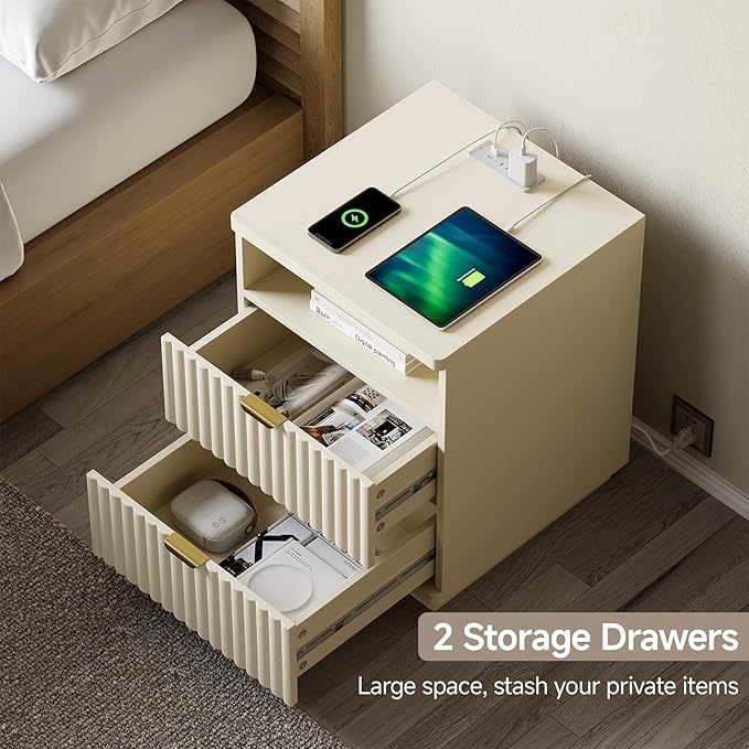 Nightstand with Charging Station, Night Stand with Open Shelf and 2 Drawers for Bedroom, Side Table Bedside Table with USB Ports & Outlets, Small Nightstand End Table (Beige)