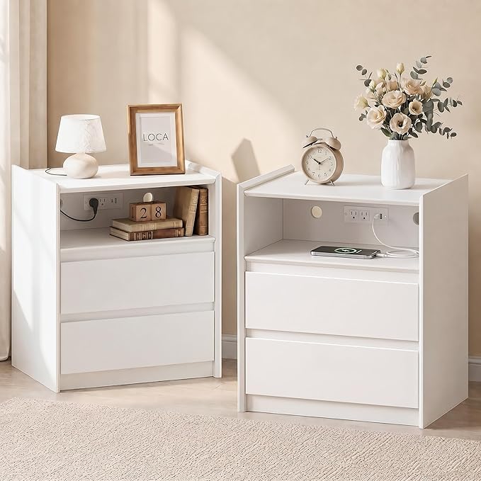 24" Tall Nightstand with Charging Station Including USB-C, Modern Bedside Table and Sofa End Table - White, 2 Drawers, Set of 2