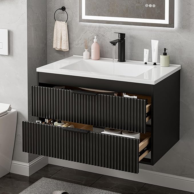 30 Inches Modern MDF Bathroom Vanity with Sink, Wall Mounted Floating Cabinets w/Double Drawers, Black Handles, White Resin Sink Combo Set (Black, 30")