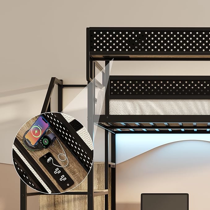 Full Size Metal Loft Bed with Storage Shelf Built-in USB Port, Heavy Duty Loft Bed w/Storage Stairs & Wardrobe+ LED Lights for Bedroom, Large Under-Bed Area, Noise Free, No Box Spring Needed