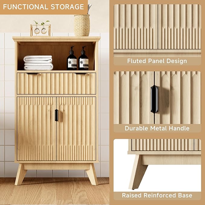 Fatmok Buffet Cabinet with Storage, 40" Modern Fluted Coffee Bar Cabinet with Drawer & Open Shelf, Wood Buffet Sideboard Console Table for Entryway, Kitchen, Living Room (Natural Wood)