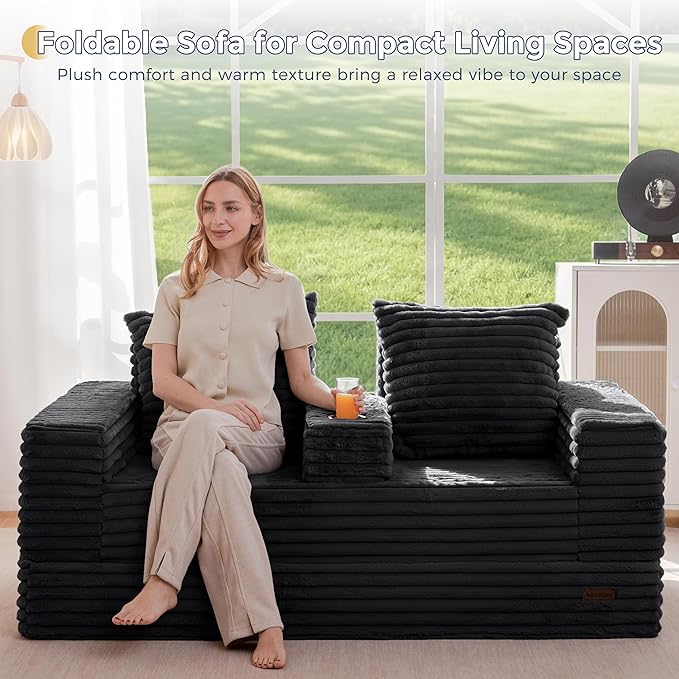 MAXYOYO Loveseat Sofa Bed, Striped Faux Fur Foldable Floor Sofa Couch in A Box, 4 in 1 Convertible Boneless Couch with 2 Cup Holders, Folding Recliner Sleeper Chair, No Assembly Required, Jet-Black
