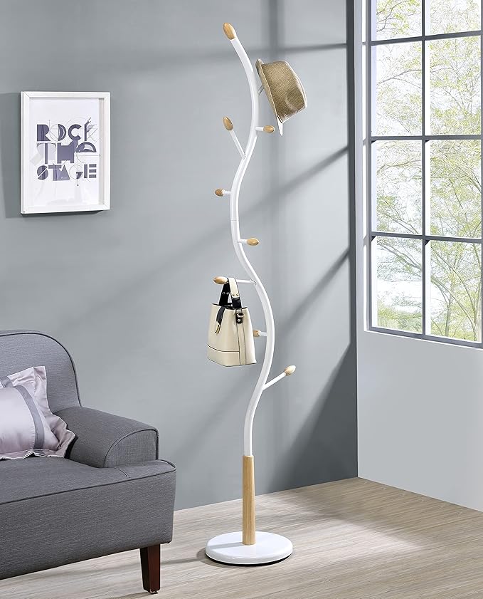 Roundhill Furniture Arles Metal Whtie and Oak Standing Coat Rack
