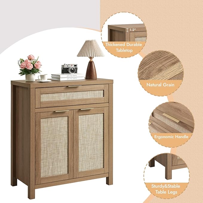 HOKYHOKY Rattan Sideboard Buffet Cabinet Set of 2, Boho Storage Cabinet with Adjustable Shelves, Farmhouse Credenza Coffee Bar Table with Doors & Drawer for Living Room, Hallway & Kitchen