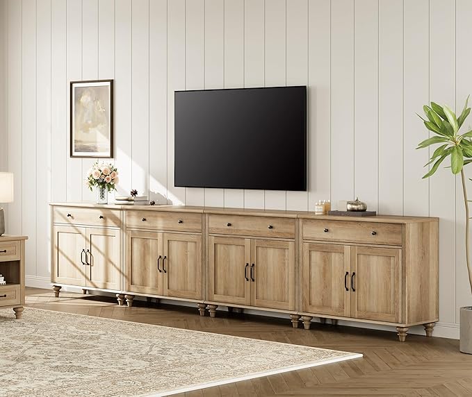WAMPAT Large Buffet Cabinet with 8 Doors and 4 Drawers, Modern Coffee Bar Table Wood Kitchen Storage Cabinets, Farmhouse Sideboard Credenza for Dining Room, Oak, 134 inch