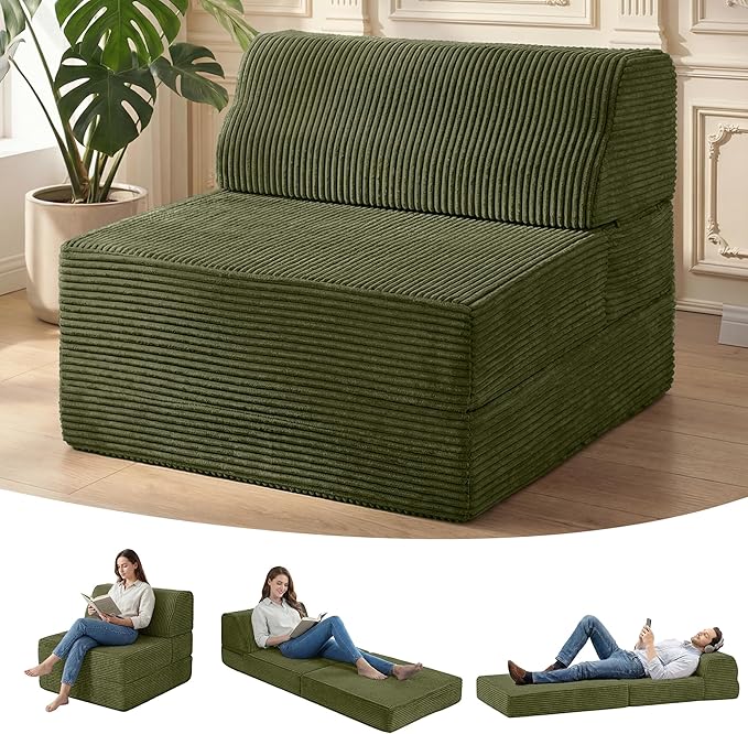 Kasunpul Folding Sofa Bed with Pillow, Memory Foam Fold Out Chair Bed, Convertible Sleeper Chair with Washable Cover, Futon Floor Couch for Living Room/Dorm/Guest Use/Home Office/Apartment, Green