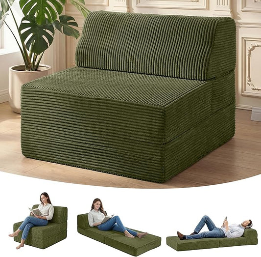 Kasunpul Folding Sofa Bed with Pillow, Memory Foam Fold Out Chair Bed, Convertible Sleeper Chair with Washable Cover, Futon Floor Couch for Living Room/Dorm/Guest Use/Home Office/Apartment, Green