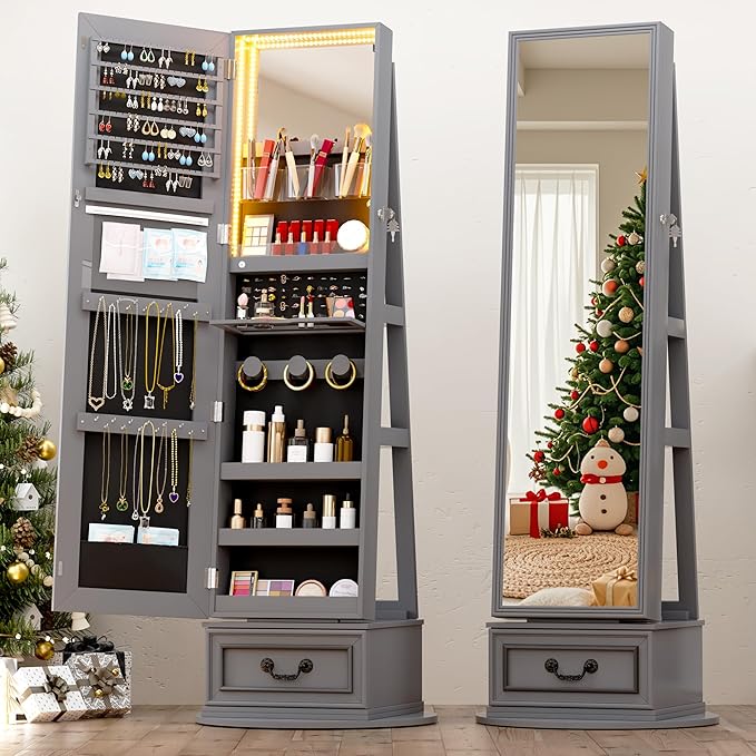 Vlsrka Mirror Jewelry Cabinet Standing, 360° Swivel Jewelry Armoire with Full Length Mirror, Lockable Mirror with Jewelry Storage, 3-Color LED Lights, Foldable Makeup Shelf, Grey