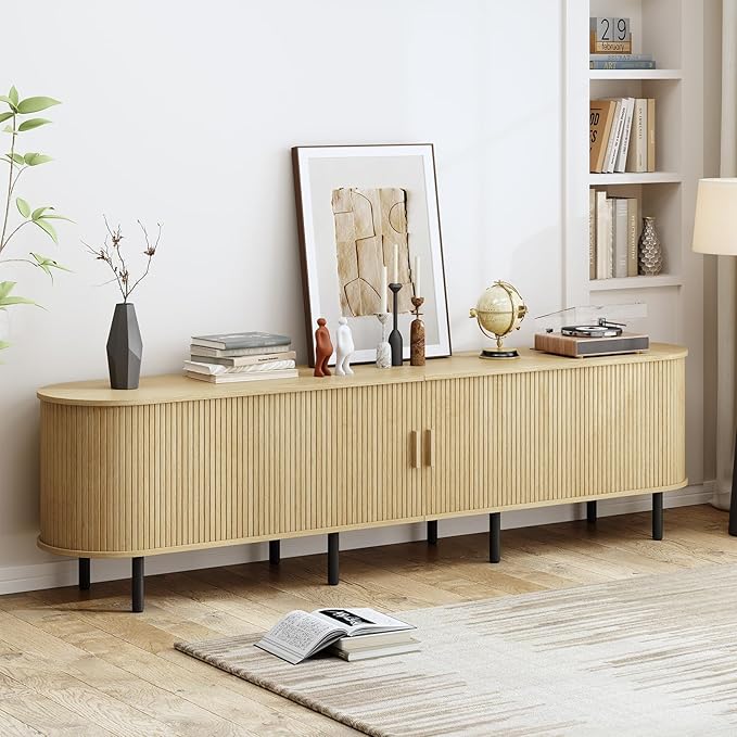 86.6" TV Stand with Power Outlet, Mid-Century Modern Television Stand, Fluted Media Console with Sliding Doors, Entertainment Center for TVs up to 90 Inch, Adjustable Shelves, Oak