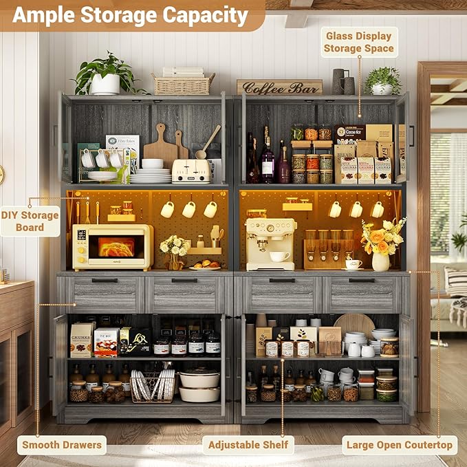 Unikito 71" Tall Kitchen Pantry Storage Cabinet with LED Light & Outlet, 63" Wide Kitchen Hutch Cabinet with Large Countertop, DIY Pegboard and Drawers, Food Pantry for Living Room,Enoch Walnut