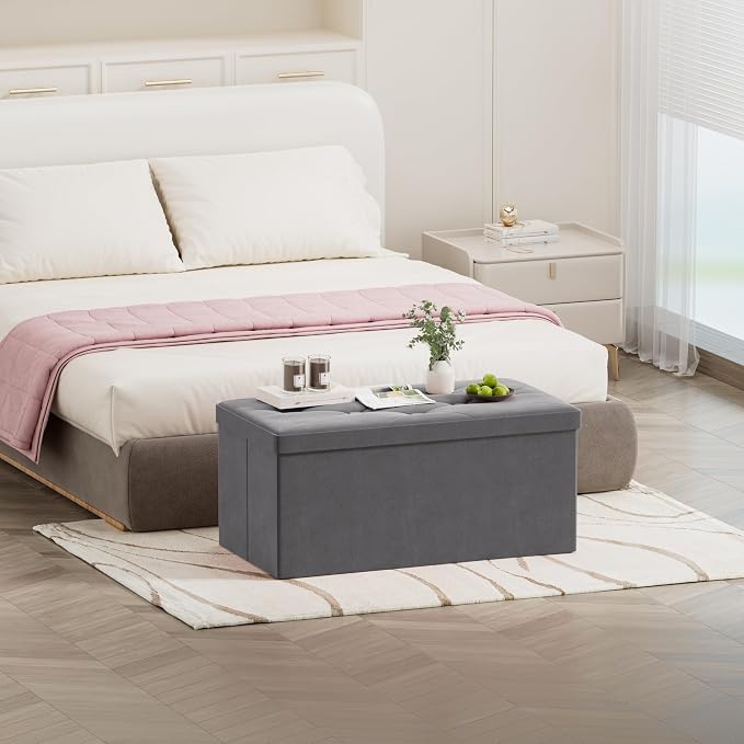 BRIAN & DANY Folding Storage Ottoman Bench, Ottoman with Storage, Foot Rest, Benches Seat for Bedroom, Living Room, Entryway, Long Shoes Bench, 15.7" x 31.5" x 15.7" Gray