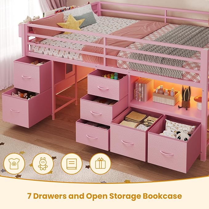ADORNEVE Low Loft Bed Full Size with 7 Storage Drawers, Bookcase and LED Lights, Metal Kids Loft Bed with 14" H Safety Guardrail,Inclined Ladder and Play Curtain, Under-Bed Play Space, Pink