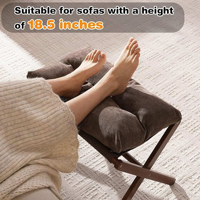 Baveke Ottoman Foot Rest- Bamboo Folding Stool, Foot Stools Small Ottman with Upholstered & X Legs, Foldable Stool for Makeup, Bedroom and Living Room, FSC-Certified (Large Brown)
