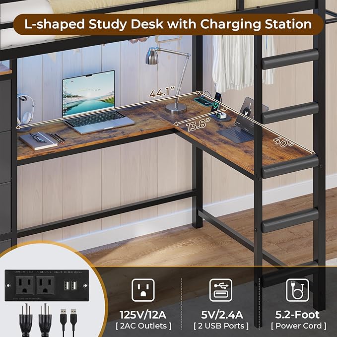 DICTAC Twin Loft Bed with L-Shaped Desk and 7 Storage Drawers,Metal Twin Size Loft Bed for Kids with LED Lights and Charging Station,13.11" H Safety Guardrail and Ladder,No Box Spring Needed, Black