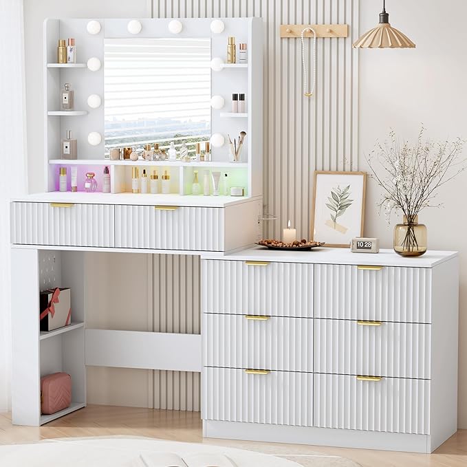 Vanity Desk with Mirror and Lights, Fluted Makeup Vanity with 8 Drawers, Storage Shelves, RGB Light and Power Outlet, Bedroom Dessing Table for Women, Girls, White,56.7"