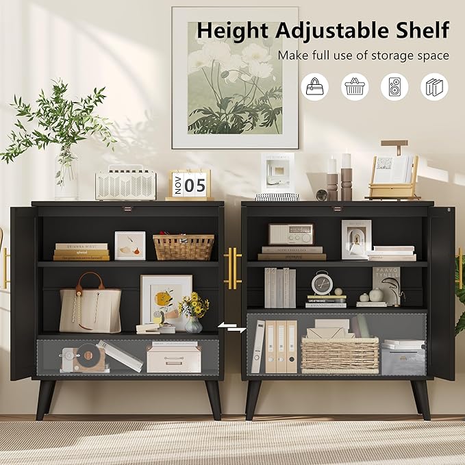 Keehusux 15.7" D Black Buffet Cabinet with Storage, Accent Buffet Sideboard with Adjustable Shelf and Solid Wood Legs, Modern Floor Storage Cabinet for Kitchen, Living Room, Black