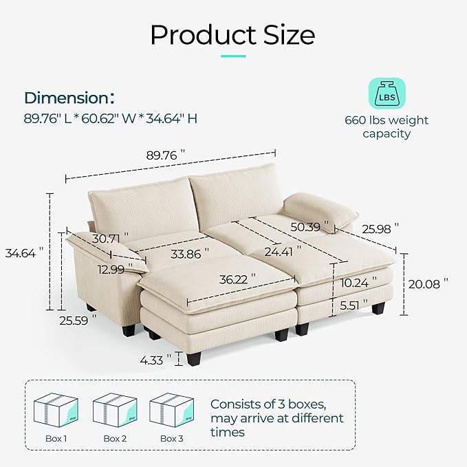 LINSY HOME 90" Modular Cloud Love Seat Sofa, Corduroy Soft Sectional Couch, Modern Comfy Love Seat with 2 Movable Ottoman, Perfect for Living Room, Apartment, Office, Beige