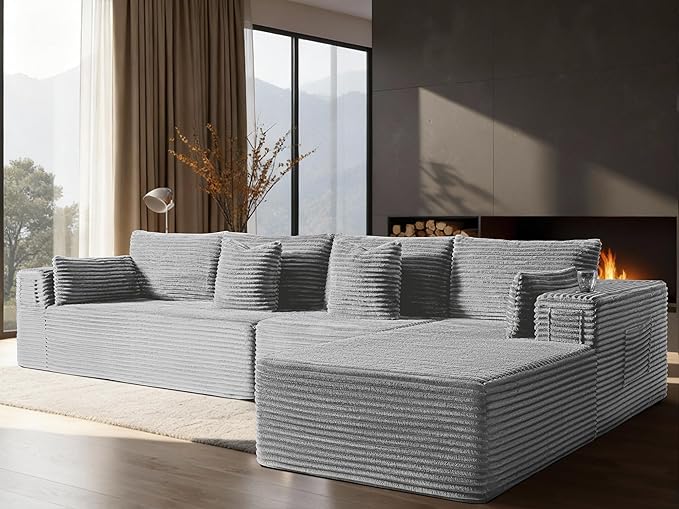 138" Oversized Cloud Sectional Couch, Comfort L Shaped Boneless Couch for Living Room, Extra Deep Seats No Assembly, Minimalist Modular Sofa, Corduroy (Light Grey, 3 seater+Right Facing Chaise)