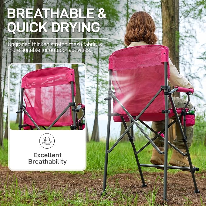 EVER ADVANCED Textilene Mesh Tall Camping Folding Chair 31", Portable Directors Chair, Bar Height Camping Chair with Carry Bag and Footrest, Armrest, Heavy Duty Supports 300 Lbs Pink