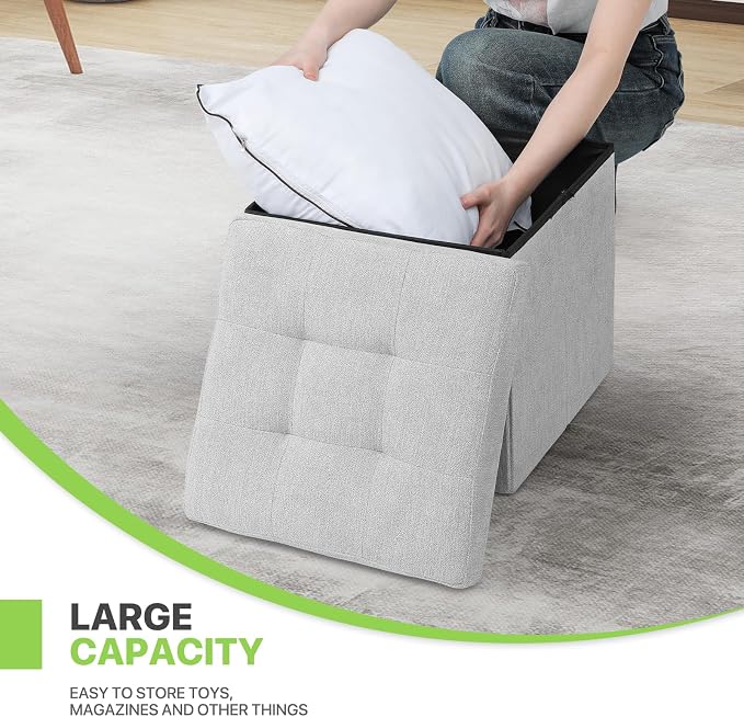 Magshion Folding Storage Ottoman Cube, 15 Inches Small Foot Rest Stool, Square Ottoman with Storage for Bedroom, Living Room, Dorm, Light Gray